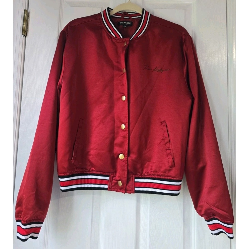 True Religion Red Dahlia Satin Gold Womens Varsity Bomber Jacket Medium